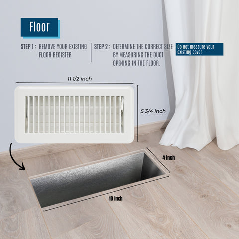 10"x4" White Steel Floor Register, Walkable Heavy-Duty Louvered Vent Cover with Damper