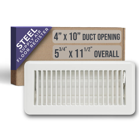 10"x4" White Steel Floor Register, Walkable Heavy-Duty Louvered Vent Cover with Damper