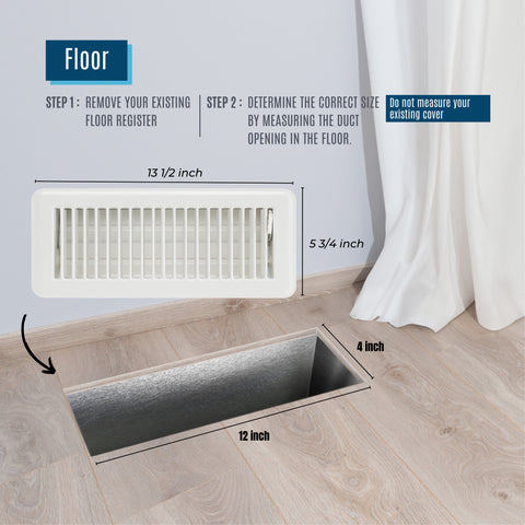 12"x4" White Steel Floor Register, Walkable Heavy-Duty Louvered Vent Cover with Damper