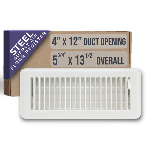 12"x4" White Steel Floor Register, Walkable Heavy-Duty Louvered Vent Cover with Damper