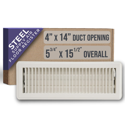 4"x14" White Steel Floor Register, Walkable Heavy-Duty Louvered Vent Cover with Damper