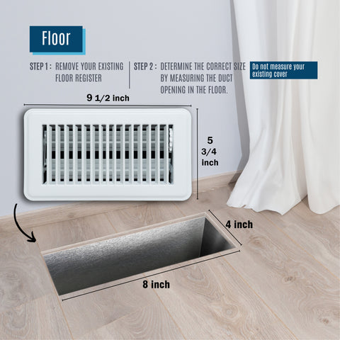 4"x8" White Steel Floor Register, Walkable Heavy-Duty Louvered Vent Cover with Damper