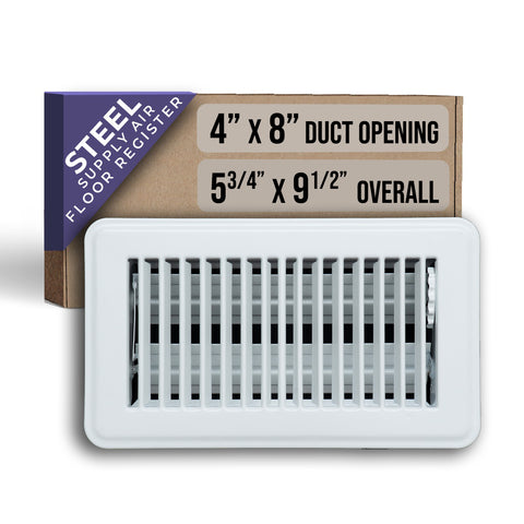 4"x8" White Steel Floor Register, Walkable Heavy-Duty Louvered Vent Cover with Damper