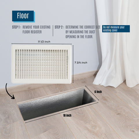 10"x6" White Steel Floor Register, Walkable Heavy-Duty Louvered Vent Cover with Damper