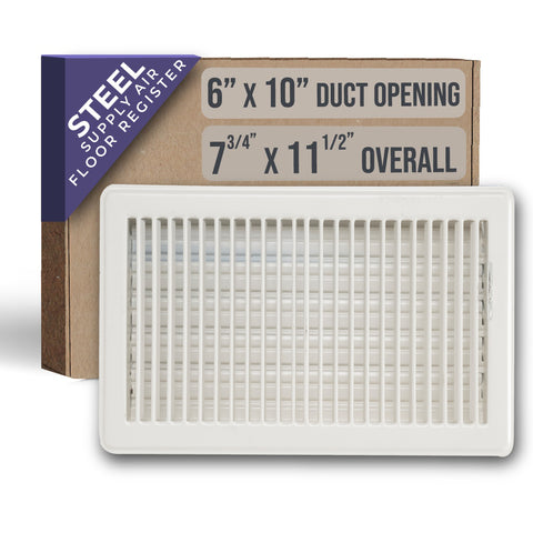 10"x6" White Steel Floor Register, Walkable Heavy-Duty Louvered Vent Cover with Damper