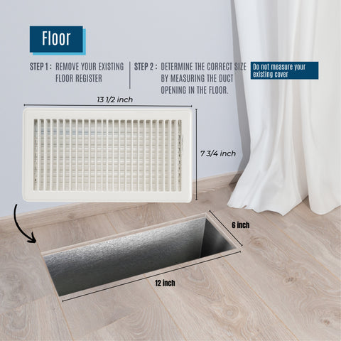 12"x6" White Steel Floor Register, Walkable Heavy-Duty Louvered Vent Cover with Damper
