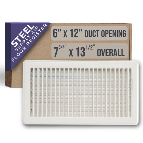 12"x6" White Steel Floor Register, Walkable Heavy-Duty Louvered Vent Cover with Damper