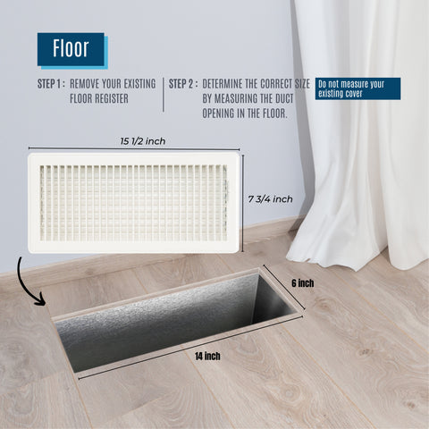 6"x14" White Steel Floor Register, Walkable Heavy-Duty Louvered Vent Cover with Damper
