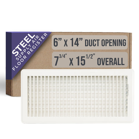 6"x14" White Steel Floor Register, Walkable Heavy-Duty Louvered Vent Cover with Damper