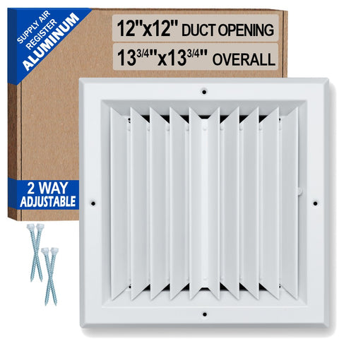 12"x12" 2-Way I-Pattern White Aluminum Square Ceiling Diffuser, Rust-Proof Ceiling Supply Grille