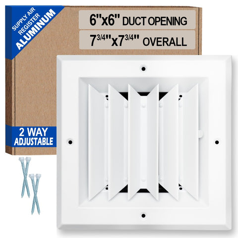 6"x6" 2-Way I-Pattern White Aluminum Square Ceiling Diffuser, Rust-Proof Ceiling Supply Grille