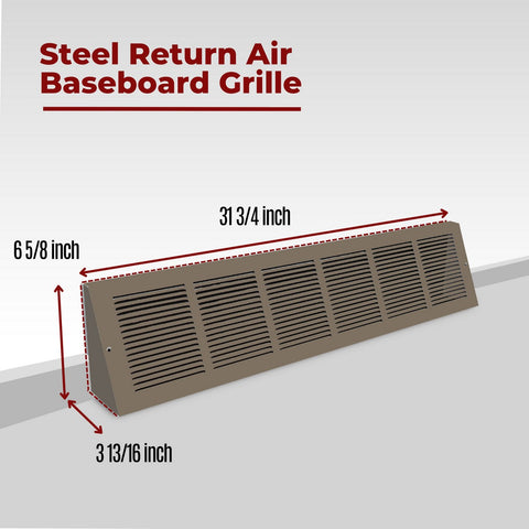 30"x6" Brown Steel Triangular Baseboard Grille, Efficient Airflow, 3-13/16" Depth