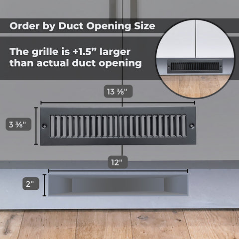 2"x12" Black Toe Kick Vent Cover, Cabinet Toe Space HVAC Register Grille