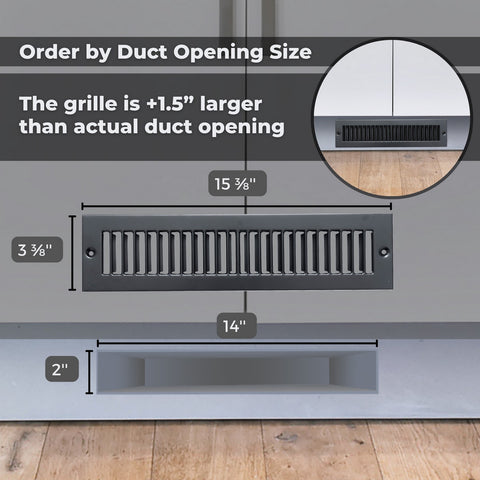 2"x14" Black Toe Kick Vent Cover, Cabinet Toe Space HVAC Register Grille