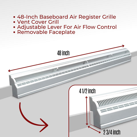 48" White Steel Baseboard Return Air Grille, Removable Faceplate