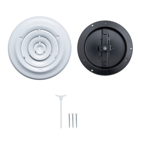 6" White Steel Round Ceiling Diffuser with Butterfly Damper & Handle, Supply Vent Cover for Round Neck Air Ducts
