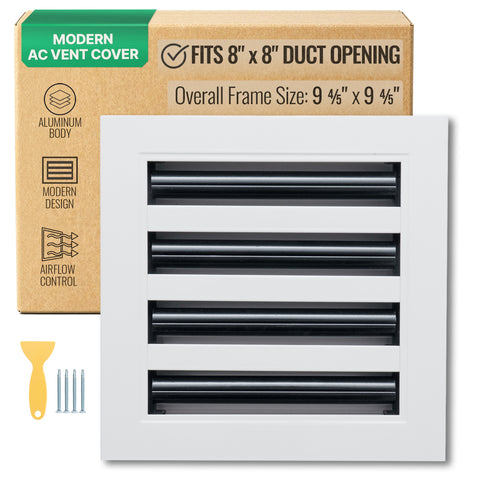 8"x8" White Aluminum Linear 4-Slot Diffuser, Slim Modern AC Vent Cover for Wall, Ceiling & Floor