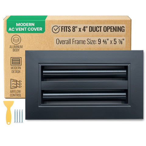 8"x4" Black Aluminum Linear 2-Slot Diffuser, Slim Modern AC Vent Cover for Wall, Ceiling & Floor