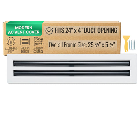 24"x4" White Aluminum Linear 2-Slot Diffuser, Slim Modern AC Vent Cover for Wall, Ceiling & Floor
