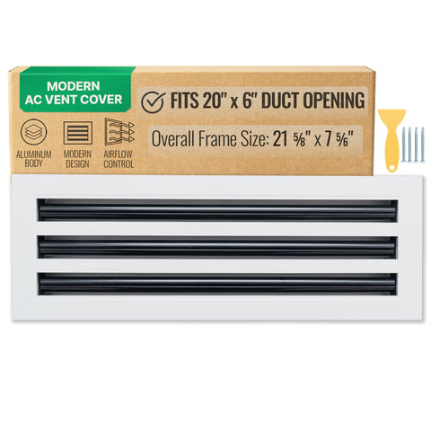 20"x6" White Aluminum Linear 3-Slot Diffuser, Slim Modern AC Vent Cover for Wall, Ceiling & Floor