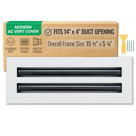 14"x4" White Aluminum Linear 2-Slot Diffuser, Slim Modern AC Vent Cover for Wall, Ceiling & Floor