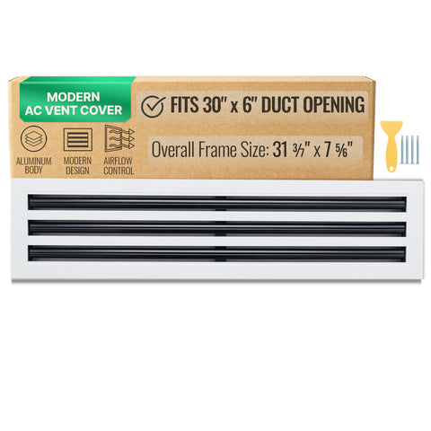 30"x6" White Aluminum Linear 3-Slot Diffuser, Slim Modern AC Vent Cover for Wall, Ceiling & Floor