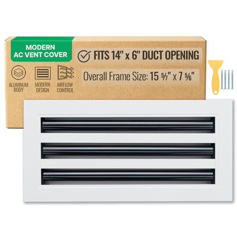 14"x6" White Aluminum Linear 3-Slot Diffuser, Slim Modern AC Vent Cover for Wall, Ceiling & Floor