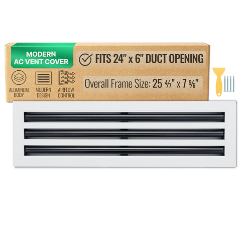 24"x6" White Aluminum Linear 3-Slot Diffuser, Slim Modern AC Vent Cover for Wall, Ceiling & Floor