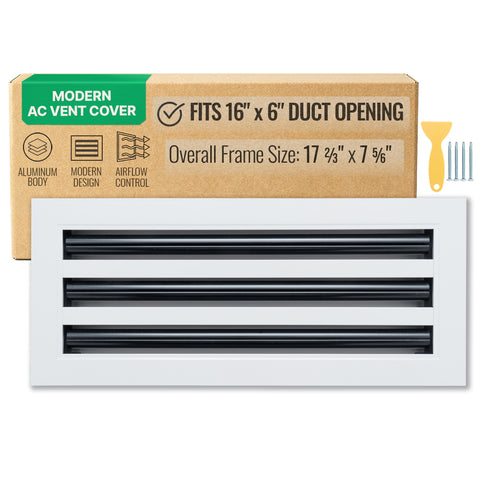 16"x6" White Aluminum Linear 3-Slot Diffuser, Slim Modern AC Vent Cover for Wall, Ceiling & Floor