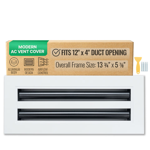 12"x4" White Aluminum Linear 2-Slot Diffuser, Slim Modern AC Vent Cover for Wall, Ceiling & Floor