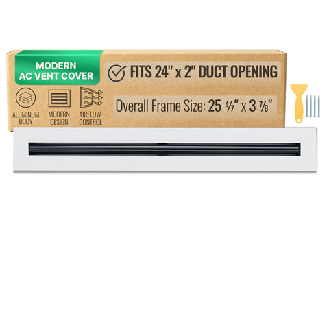 24"x2" White Aluminum Linear 1-Slot Diffuser, Slim Modern AC Vent Cover for Wall, Ceiling & Floor