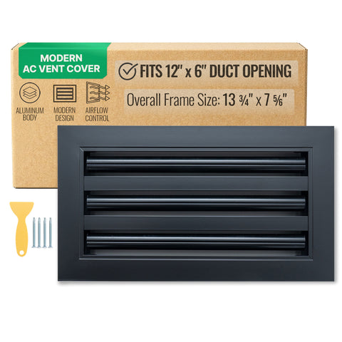 12"x6" Black Aluminum Linear 3-Slot Diffuser, Slim Modern AC Vent Cover for Wall, Ceiling & Floor