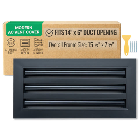 14"x6" Black Aluminum Linear 3-Slot Diffuser, Slim Modern AC Vent Cover for Wall, Ceiling & Floor