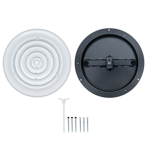 8" White Steel Round Ceiling Diffuser with Butterfly Damper & Handle, Supply Vent Cover for Round Neck Air Ducts
